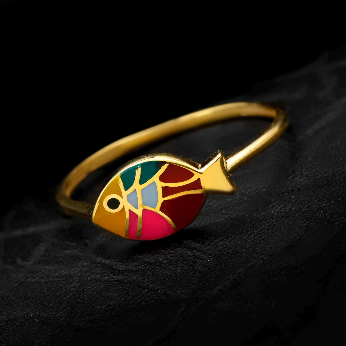 Colorful Enamel Gold Fish Ring, 925 Sterling Silver, Modern Animal Jewelry