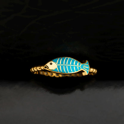 Turquoise Enamel Fish Ring, 925 Sterling Silver, Minimalist Animal Jewelry