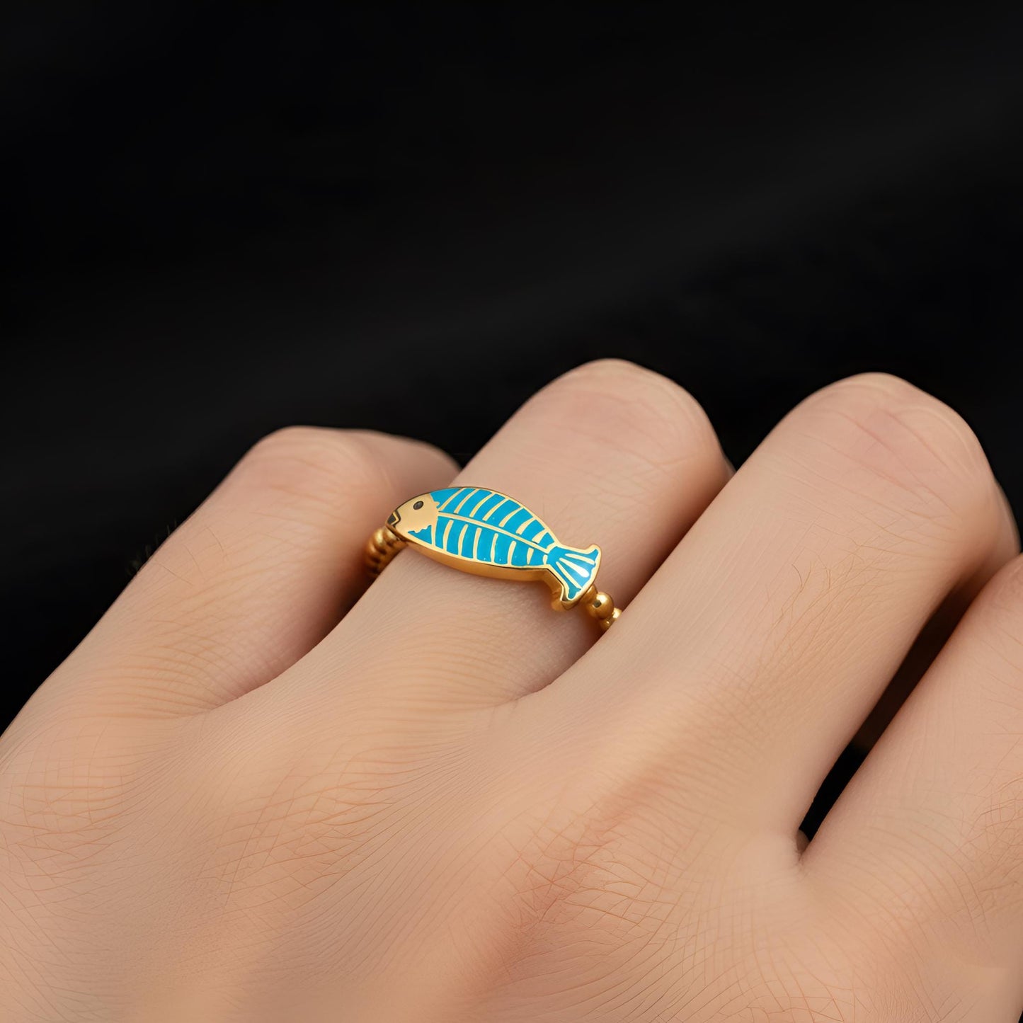 Turquoise Enamel Fish Ring, 925 Sterling Silver, Minimalist Animal Jewelry