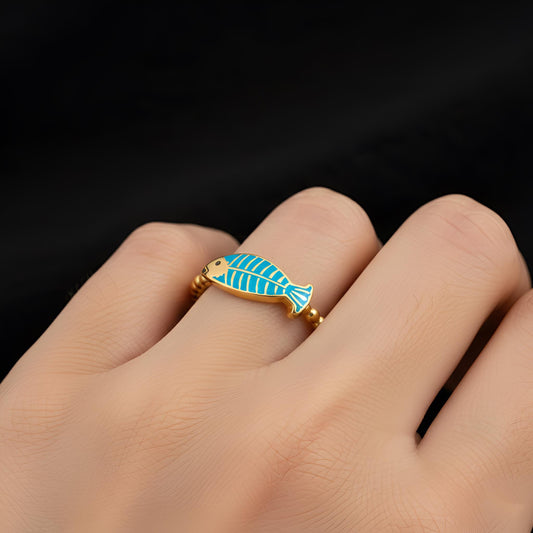 Turquoise Enamel Fish Ring, 925 Sterling Silver, Minimalist Animal Jewelry