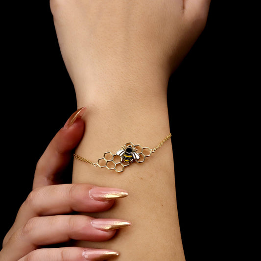 Sterling Silver Honeycomb Bee Enamel Bracelet, Gold Filled Dainty Chain