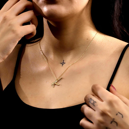 Iced-Out Gold Rifle Necklace, Sterling Silver CZ Pendant, Statement Jewelry