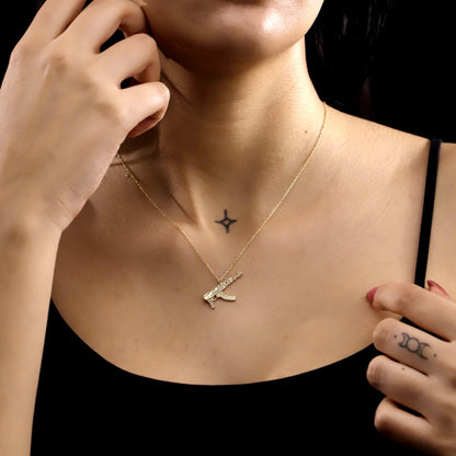Iced-Out Gold Rifle Necklace, Sterling Silver CZ Pendant, Statement Jewelry