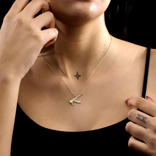 Iced-Out Gold Rifle Necklace, Sterling Silver CZ Pendant, Statement Jewelry