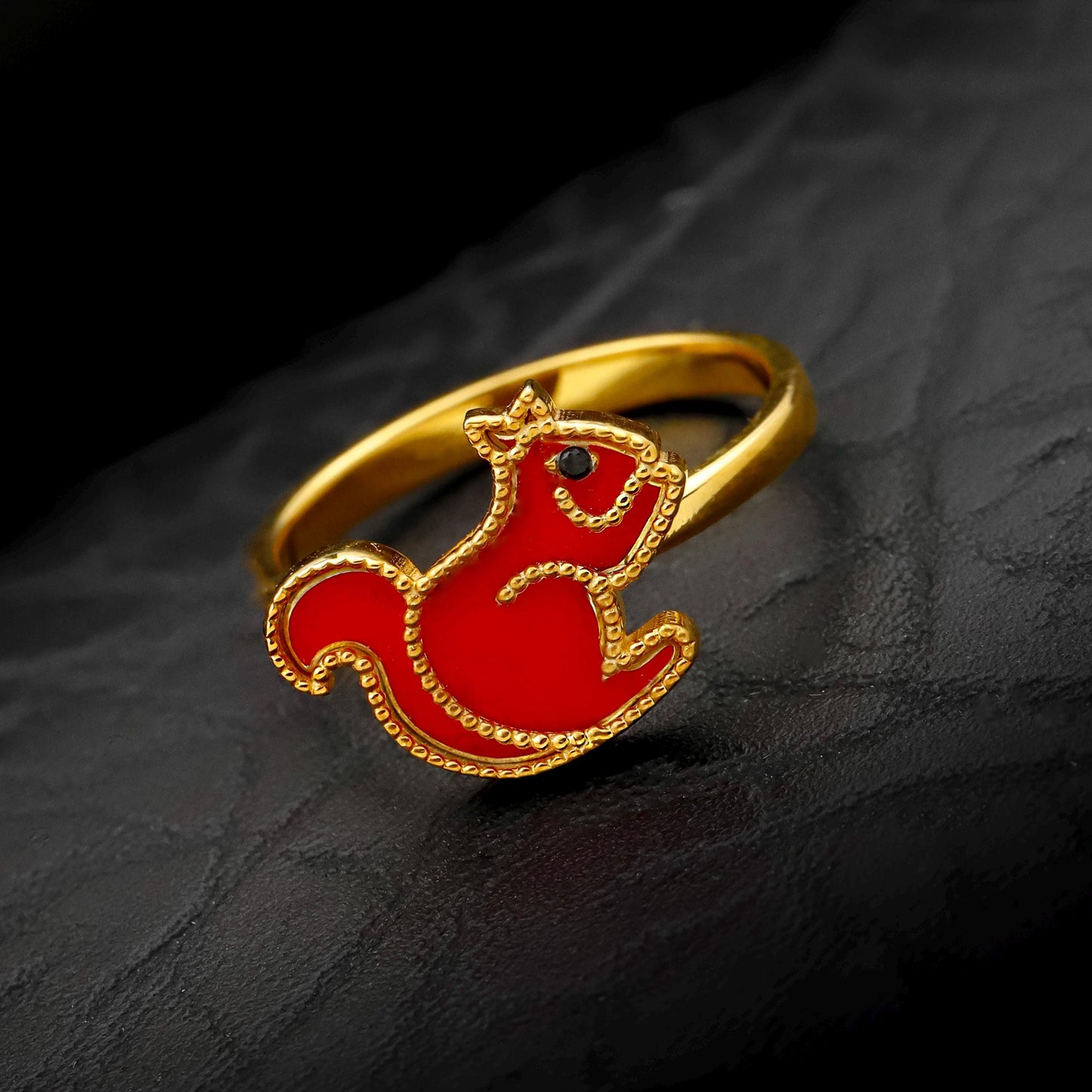 Embroidered Red Squirrel Ring, 925 Sterling Silver, Gold Tone Band, Nature Statement Piece
