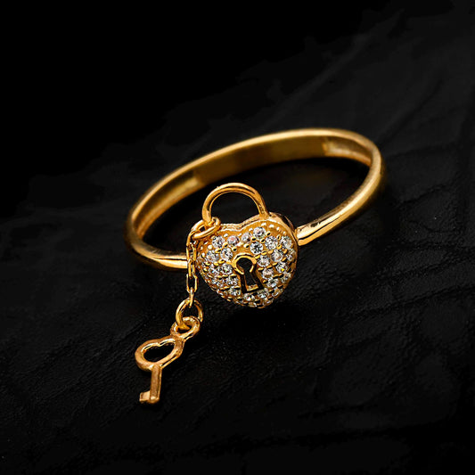 Sterling Silver Heart Lock Key Ring, CZ Diamond Detail, Gold Tone Statement Jewelry