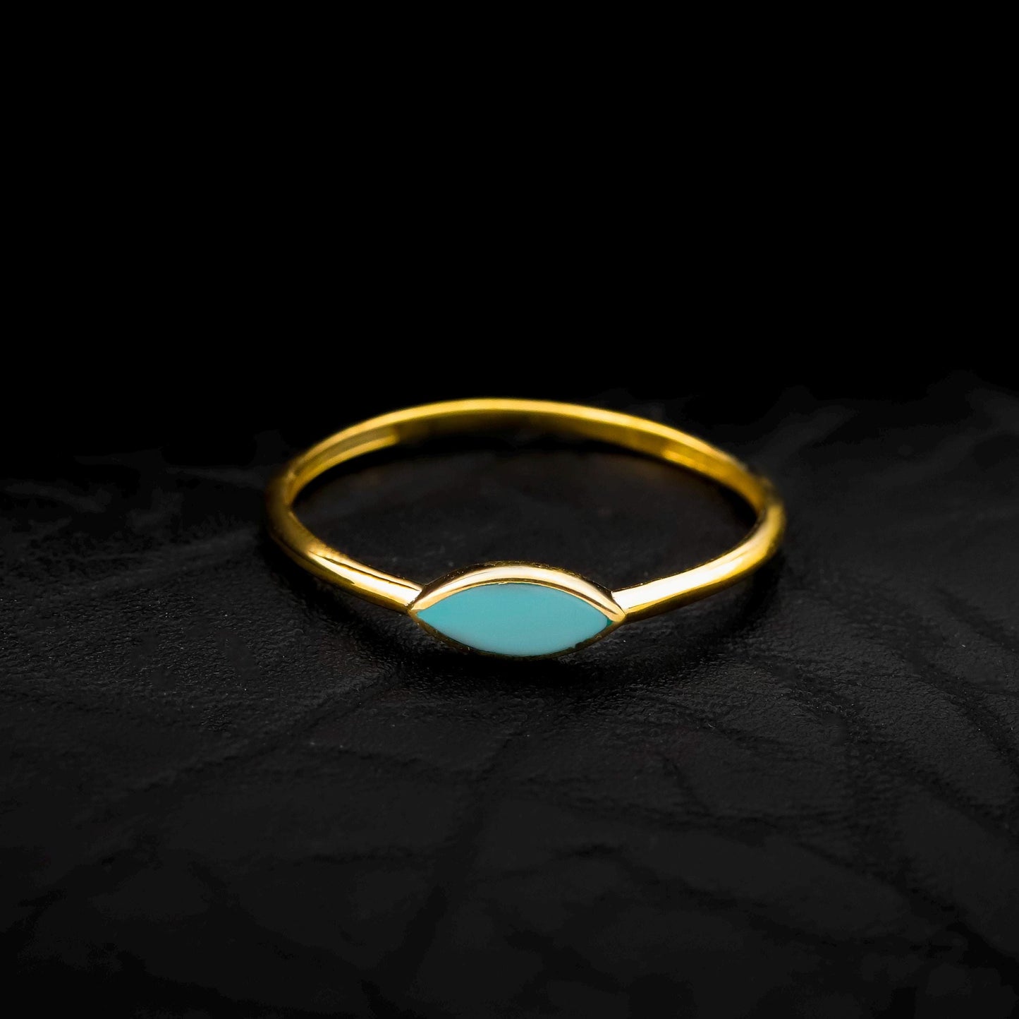 Minimalist Turquoise Enamel Gold Ring, 925 Sterling Silver Band, Teardrop Shape