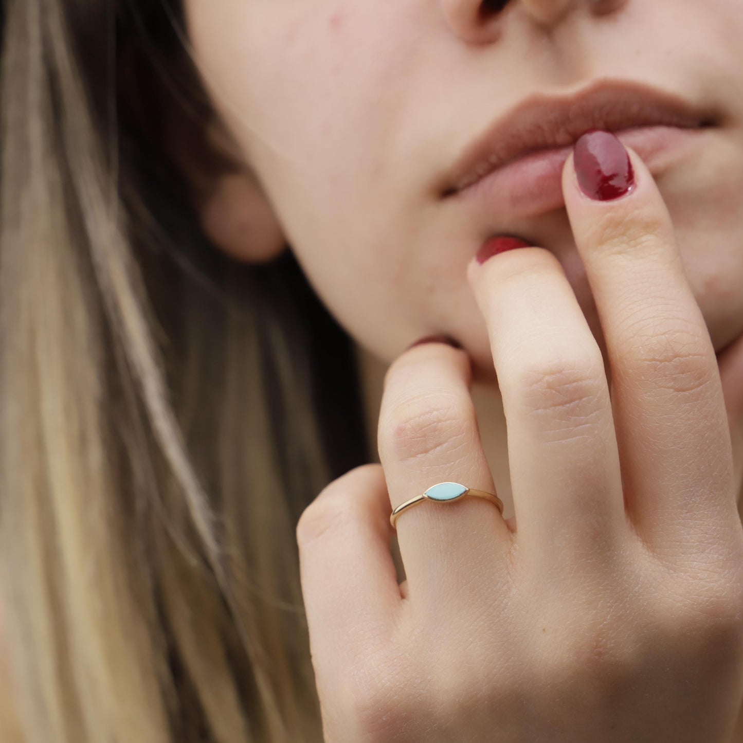 Minimalist Turquoise Enamel Gold Ring, 925 Sterling Silver Band, Teardrop Shape