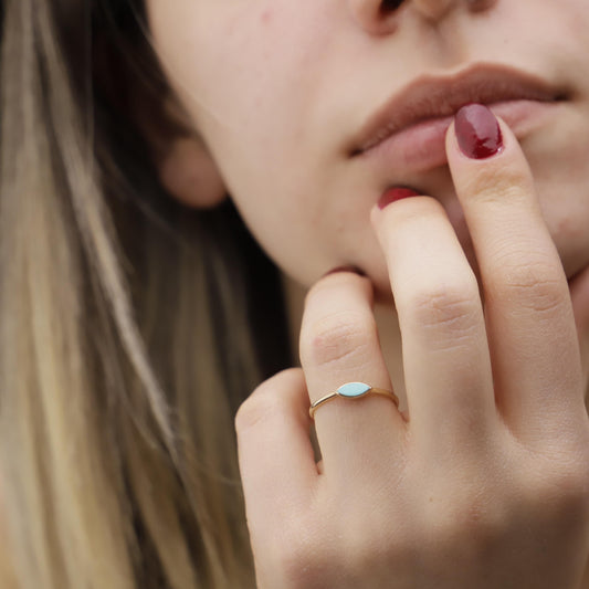 Minimalist Turquoise Enamel Gold Ring, 925 Sterling Silver Band, Teardrop Shape