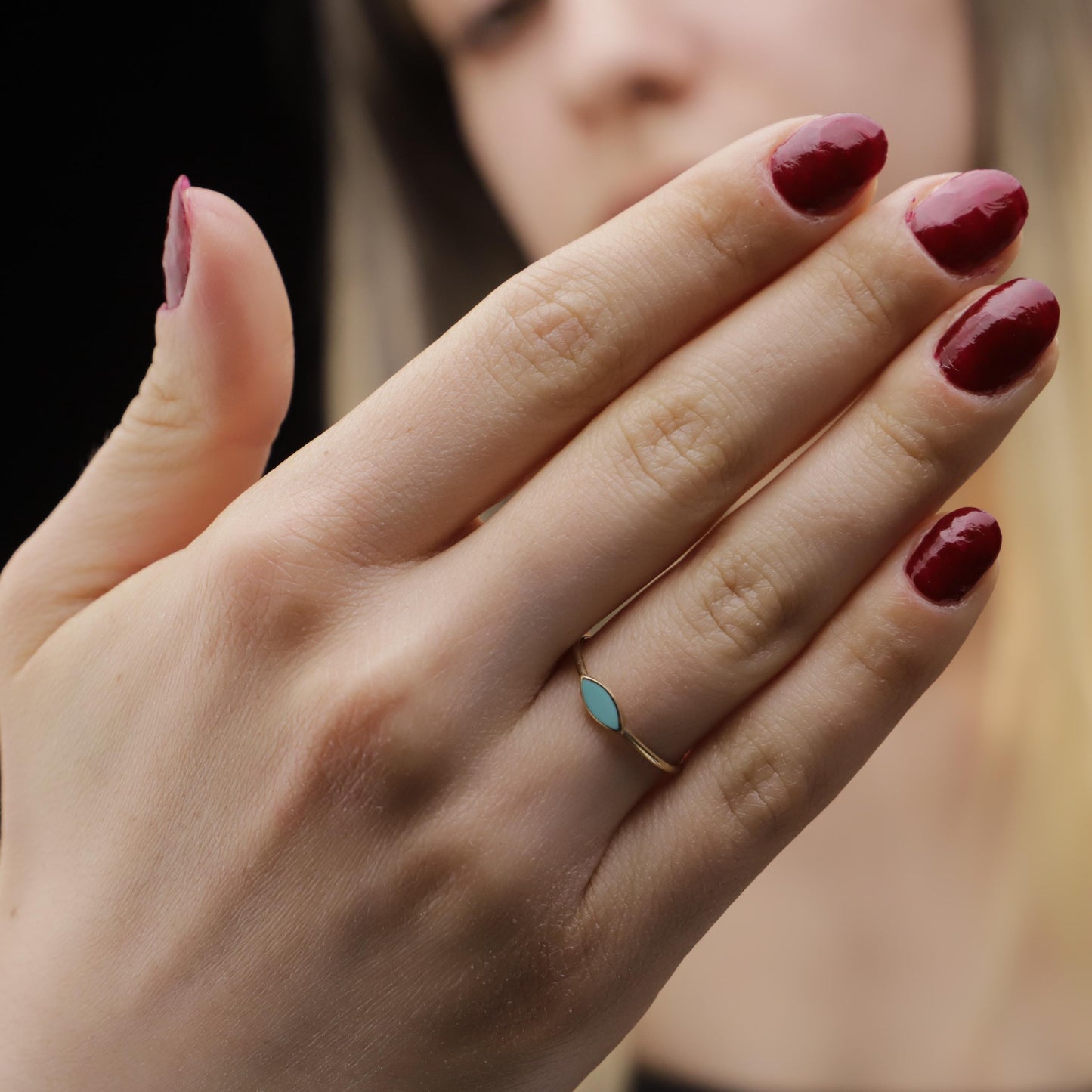 Minimalist Turquoise Enamel Gold Ring, 925 Sterling Silver Band, Teardrop Shape