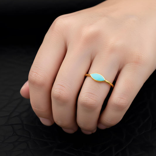 Minimalist Turquoise Enamel Gold Ring, 925 Sterling Silver Band, Teardrop Shape