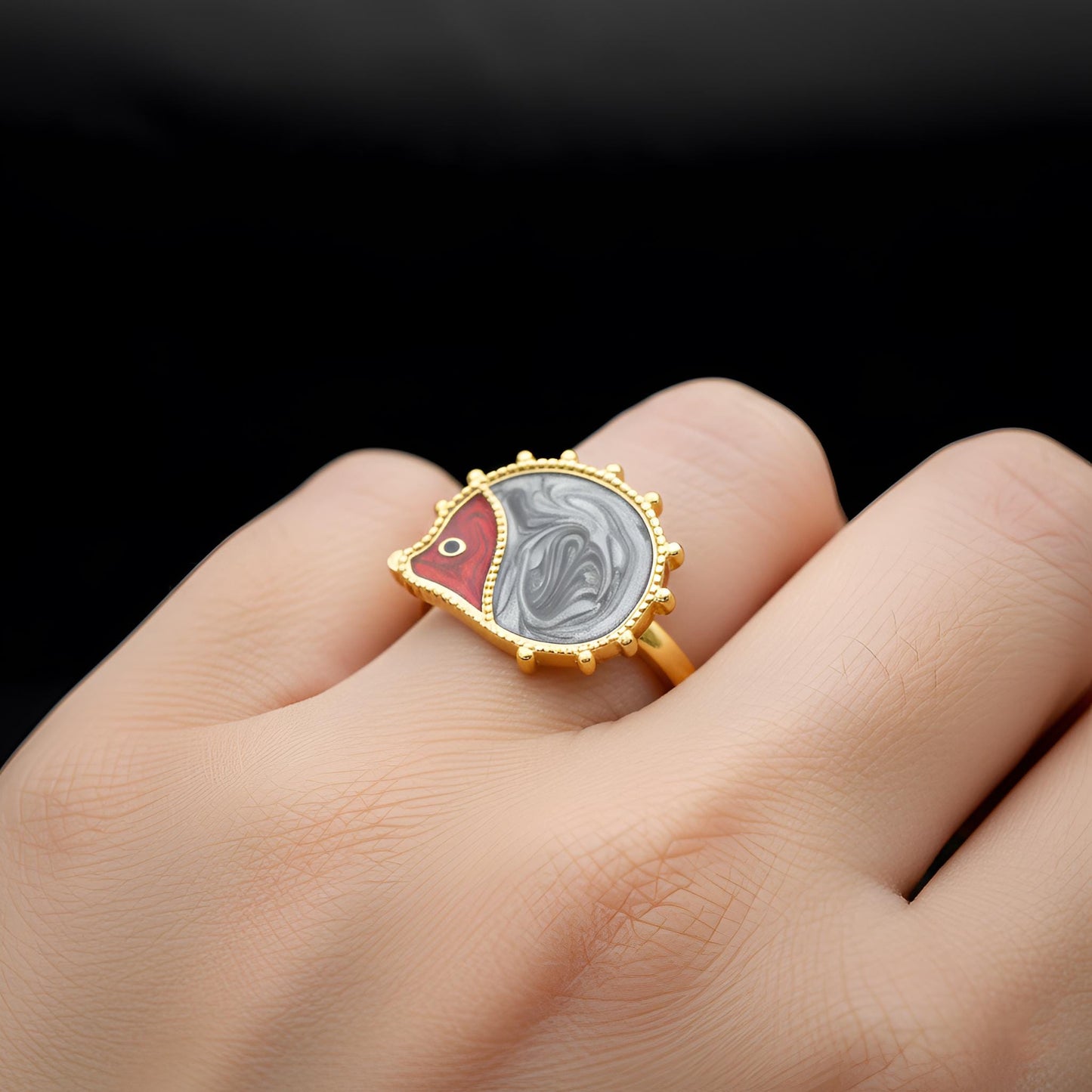 Enamel Hedgehog Ring, 925 Sterling Silver, Red Grey Marbled Detail, Nature Statement Jewelry