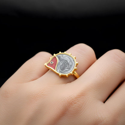 Enamel Hedgehog Ring, 925 Sterling Silver, Red Grey Marbled Detail, Nature Statement Jewelry