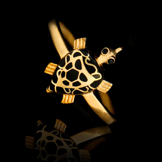 Sterling Silver Turtle Ring, Black Enamel Gold Tone, Animal Statement Jewelry