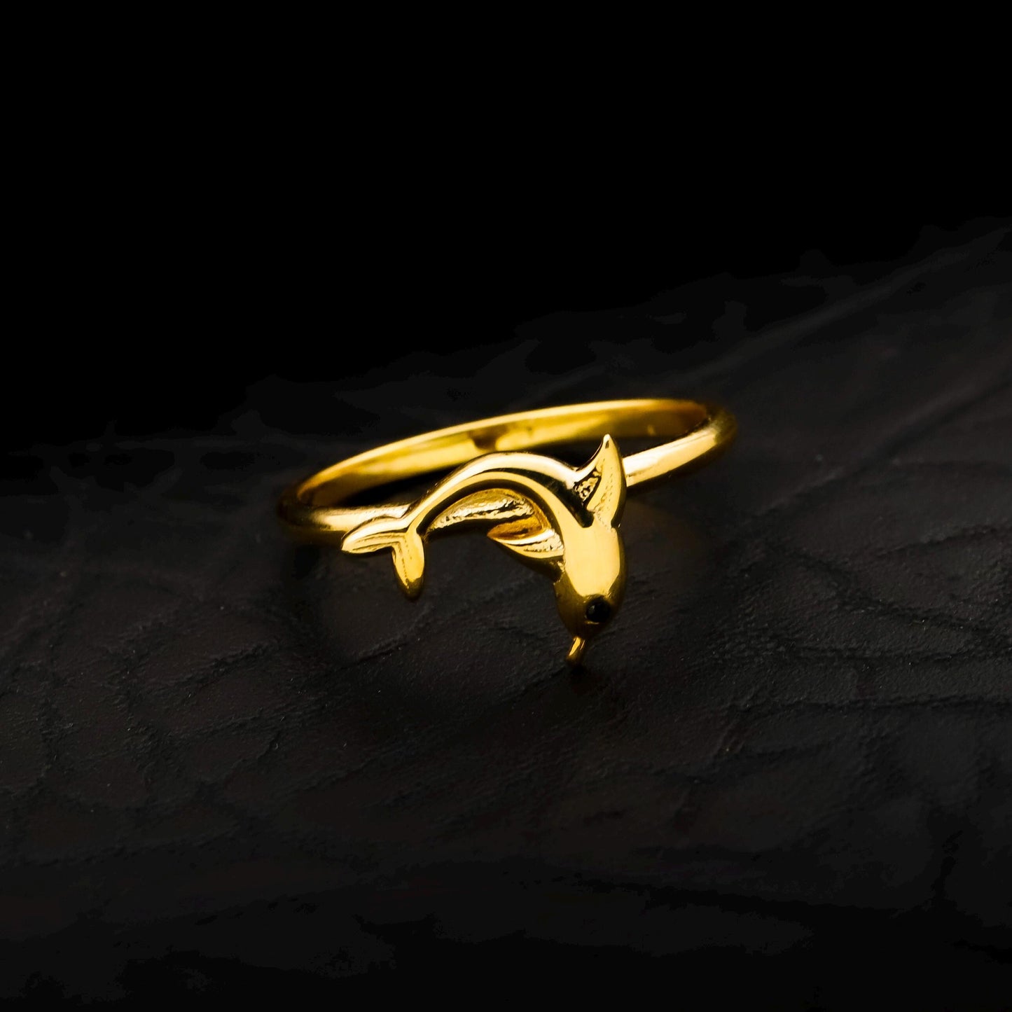 3D Gold Dolphin Ring, 925 Sterling Silver, CZ Diamond Detail, Minimalist Band