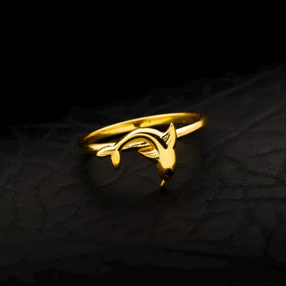 3D Gold Dolphin Ring, 925 Sterling Silver, CZ Diamond Detail, Minimalist Band