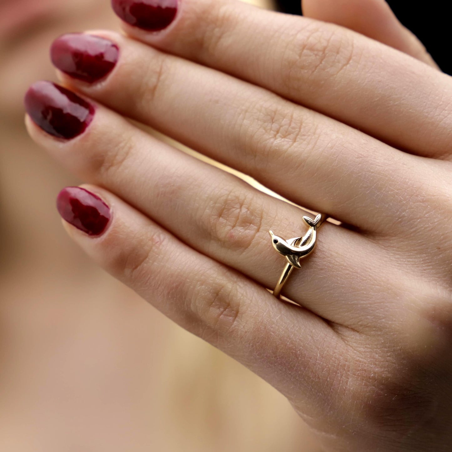 3D Gold Dolphin Ring, 925 Sterling Silver, CZ Diamond Detail, Minimalist Band