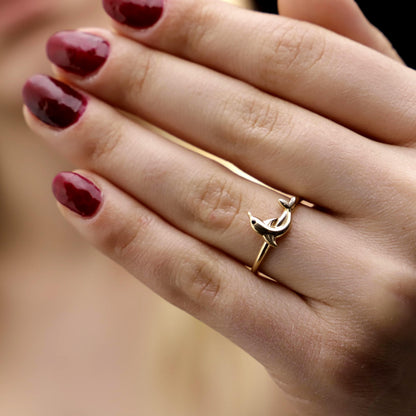 3D Gold Dolphin Ring, 925 Sterling Silver, CZ Diamond Detail, Minimalist Band
