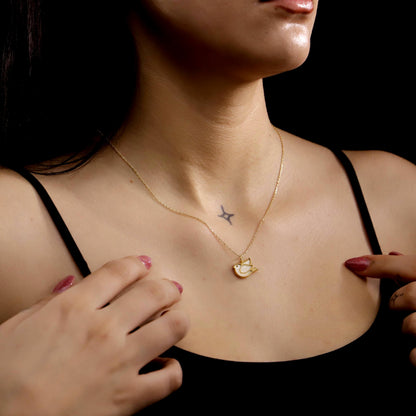 Enamel Gold Bird Pendant Necklace, 925 Sterling Silver, Pearlescent Charm