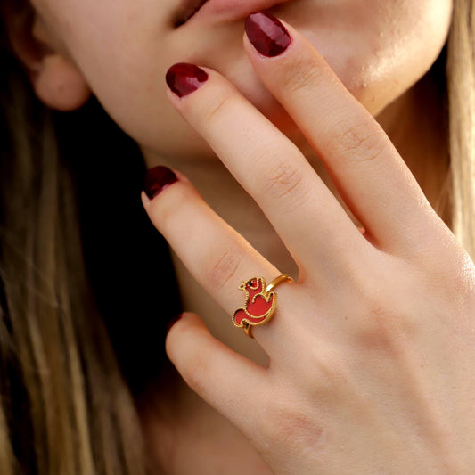 Embroidered Red Squirrel Ring, 925 Sterling Silver, Gold Tone Band, Nature Statement Piece