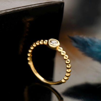 Gold Beaded Solitaire Ring, Sterling Silver, CZ Diamond, Geometric Statement Piece