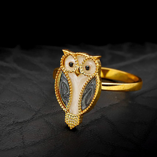 Embroidered Enamel Owl Ring, 925 Sterling Silver, Gold Tone, Statement Animal Jewelry