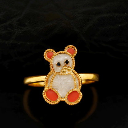 Enamel Teddy Bear Ring, 925 Sterling Silver, Gold-Toned, Whimsical Animal Jewelry