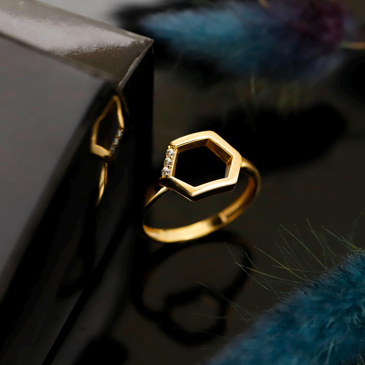 Gold Geometric Hexagon Ring, Sterling Silver, CZ Diamond Accent, Modern Statement Jewelry