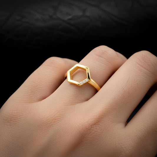 Gold Geometric Hexagon Ring, Sterling Silver, CZ Diamond Accent, Modern Statement Jewelry