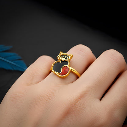 Embroidered Enamel Cat Ring, Sterling Silver, Black Red Accents, Animal Jewelry