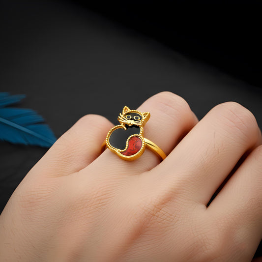 Embroidered Enamel Cat Ring, Sterling Silver, Black Red Accents, Animal Jewelry