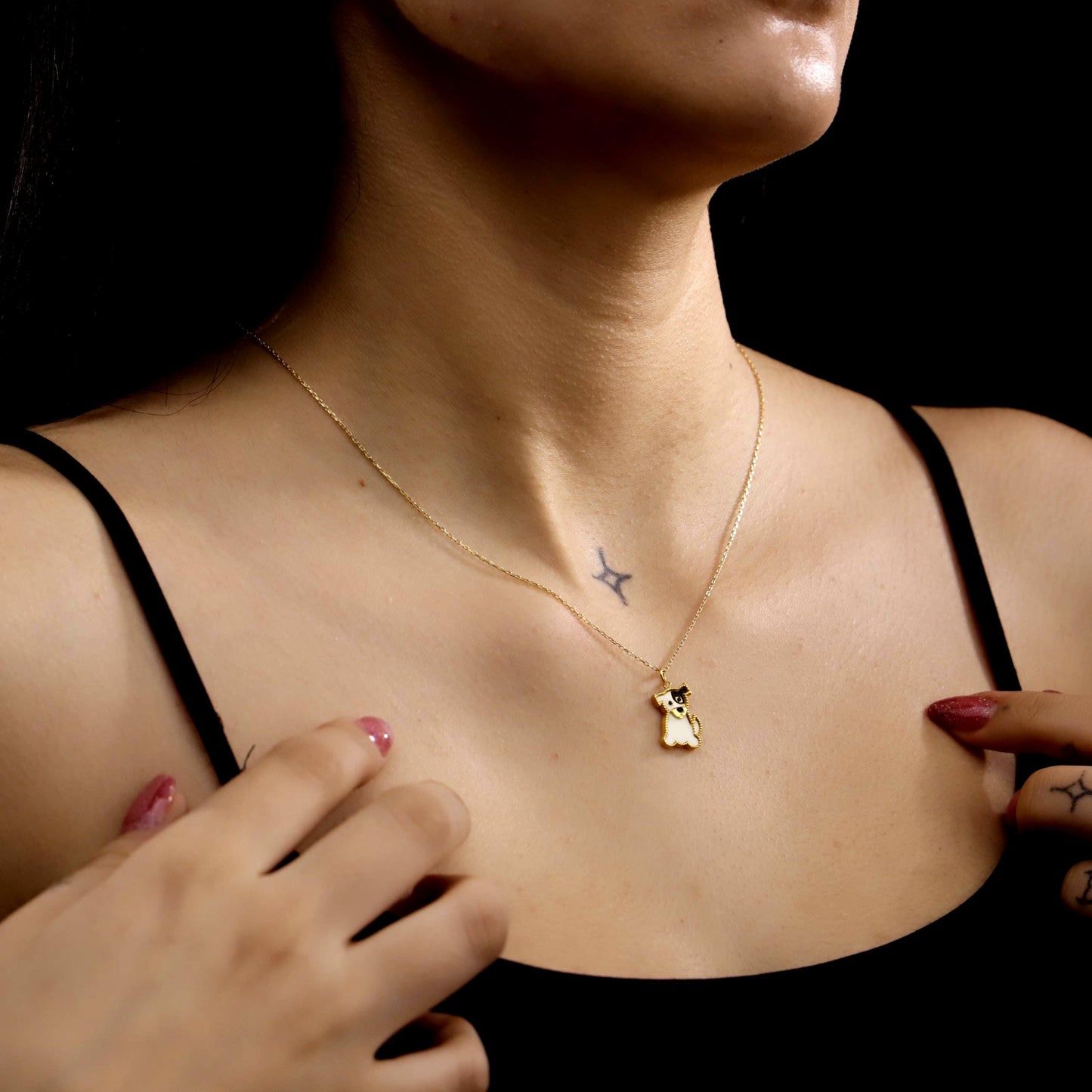 Gold Enamel Dog Necklace, 925 Sterling Silver, Minimalist Animal Charm