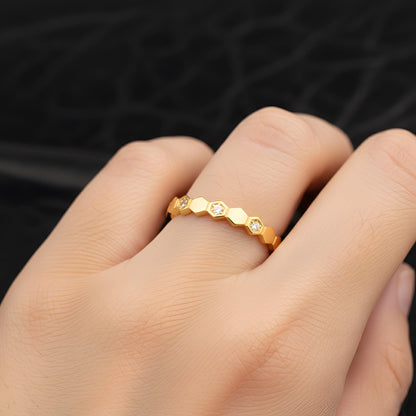 Geometric Hexagon Band Ring, Sterling Silver, CZ Diamond Accents, Modern Statement Jewelry