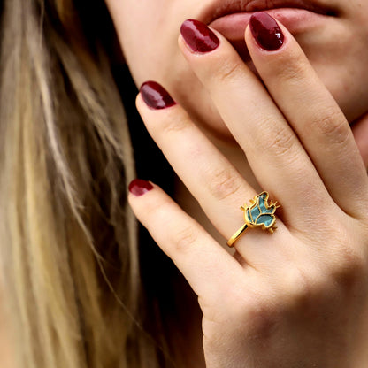 Embroidered Frog Ring, 925 Sterling Silver, Green Enamel, Gold Tone, CZ Stone Detail