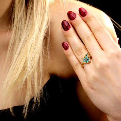 Embroidered Frog Ring, 925 Sterling Silver, Green Enamel, Gold Tone, CZ Stone Detail