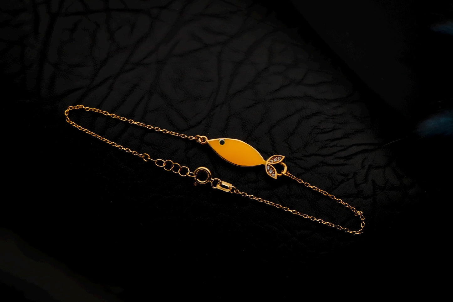 Yellow Enamel Fish Bracelet, Sterling Silver, CZ Detail, Abundance Charm Jewelry