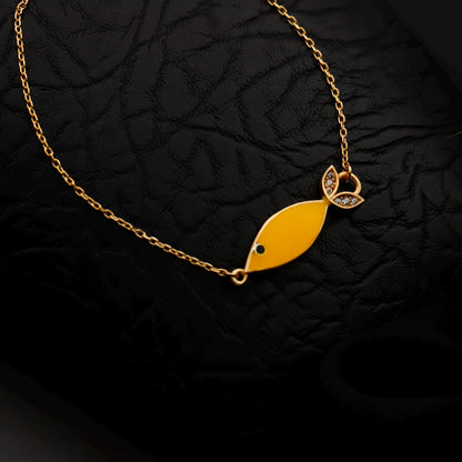Yellow Enamel Fish Bracelet, Sterling Silver, CZ Detail, Abundance Charm Jewelry