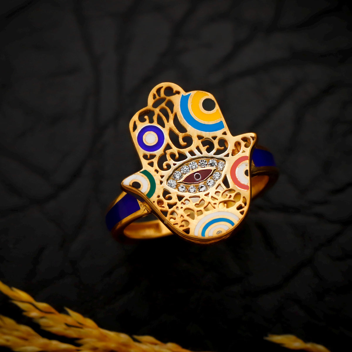 Gold Enamel Hamsa Ring, Sterling Silver Evil Eye Fatima Jewelry