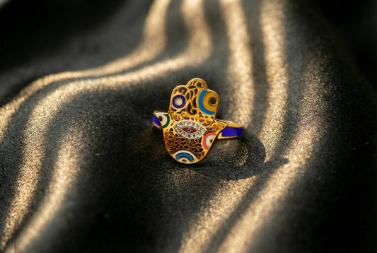Gold Enamel Hamsa Ring, Sterling Silver Evil Eye Fatima Jewelry