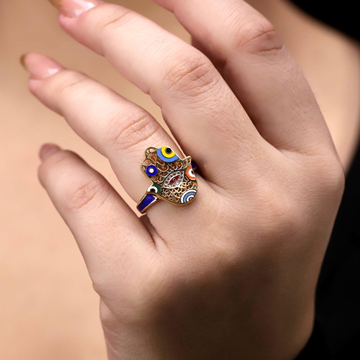 Gold Enamel Hamsa Ring, Sterling Silver Evil Eye Fatima Jewelry