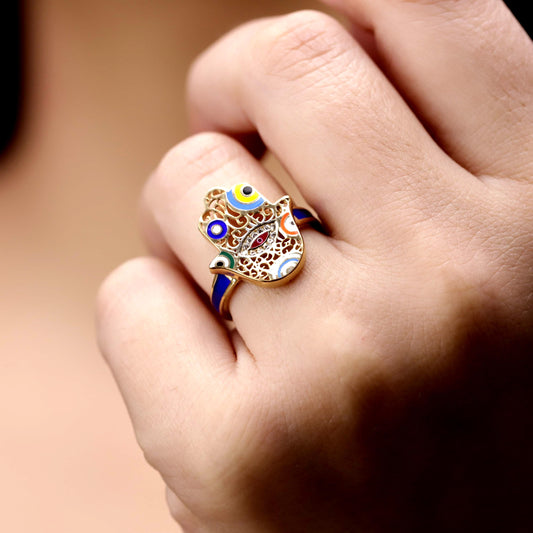 Gold Enamel Hamsa Ring, Sterling Silver Evil Eye Fatima Jewelry