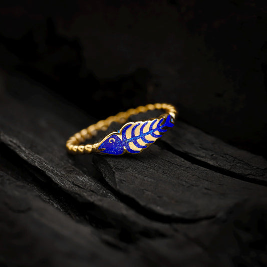 Gold Fish Bone Ring, Blue Enamel Sterling Silver, Nature Inspired Jewelry