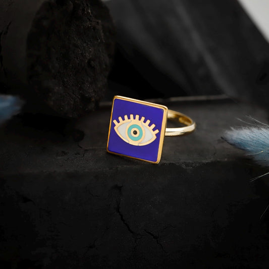 Square Blue Enamel Evil Eye Ring, 925 Sterling Silver, Dainty Statement Jewelry