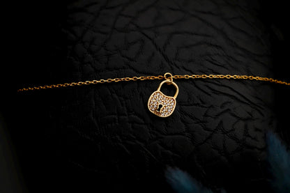Gold Padlock Anklet, Sterling Silver, Cubic Zirconia Charm, Minimalist Everyday Jewelry