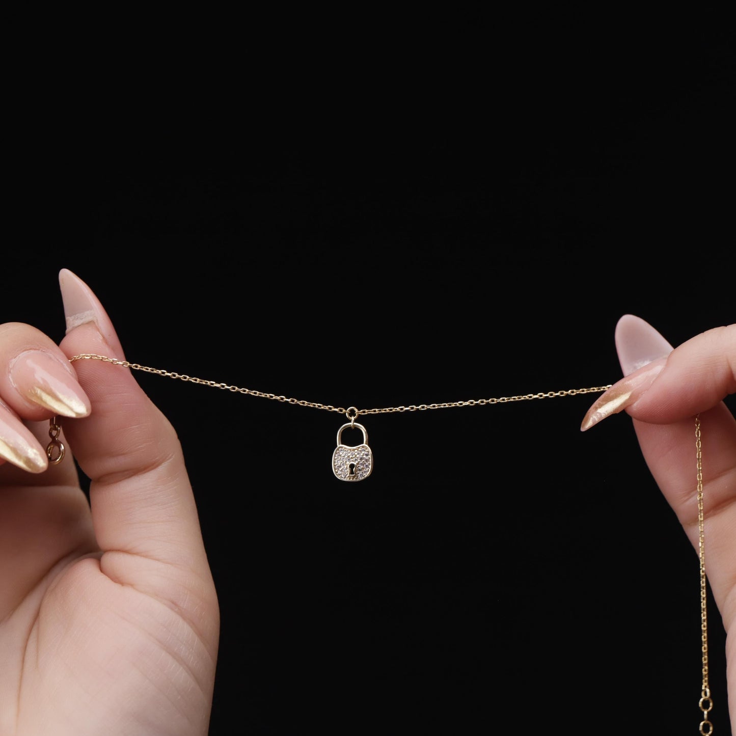 Gold Padlock Anklet, Sterling Silver, Cubic Zirconia Charm, Minimalist Everyday Jewelry