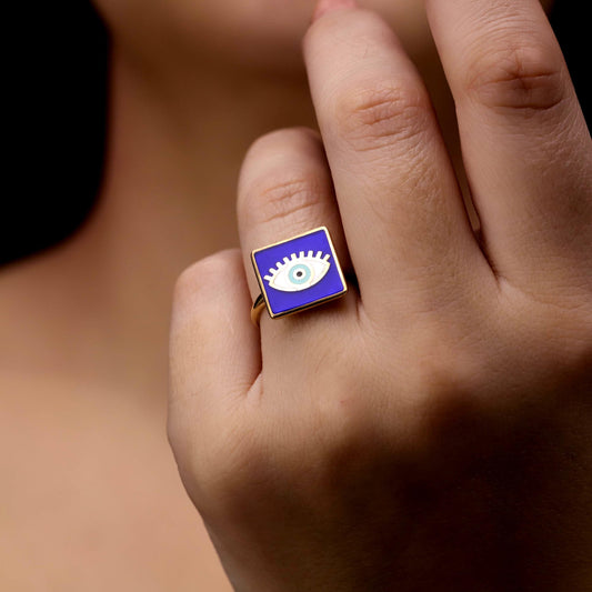 Square Blue Enamel Evil Eye Ring, 925 Sterling Silver, Dainty Statement Jewelry