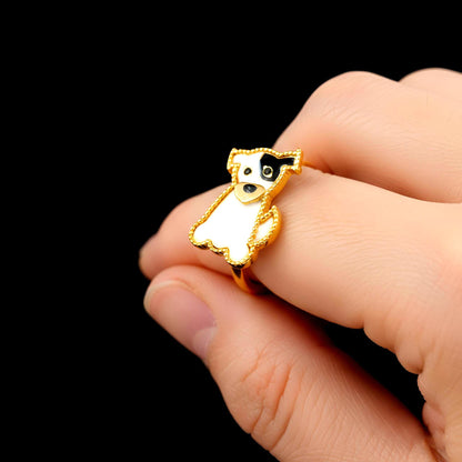 Enamel Dog Ring, 925 Sterling Silver, Gold Toned, Black White Dog Jewelry