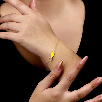 Yellow Enamel Fish Bracelet, Sterling Silver, CZ Detail, Abundance Charm Jewelry