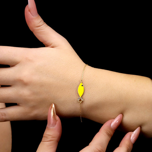 Yellow Enamel Fish Bracelet, Sterling Silver, CZ Detail, Abundance Charm Jewelry