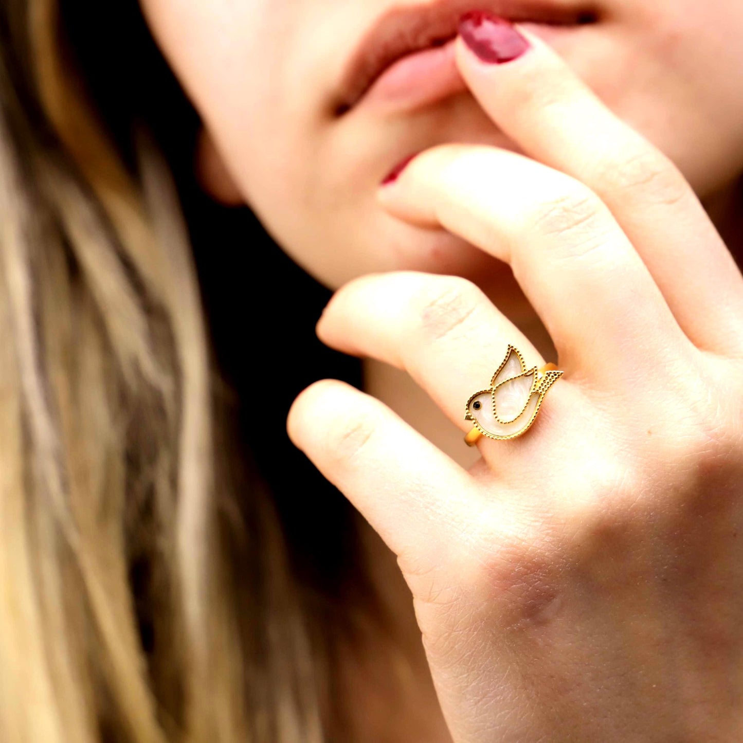 White Enamel Gold Bird Ring, Sterling Silver Peace Dove Statement Jewelry